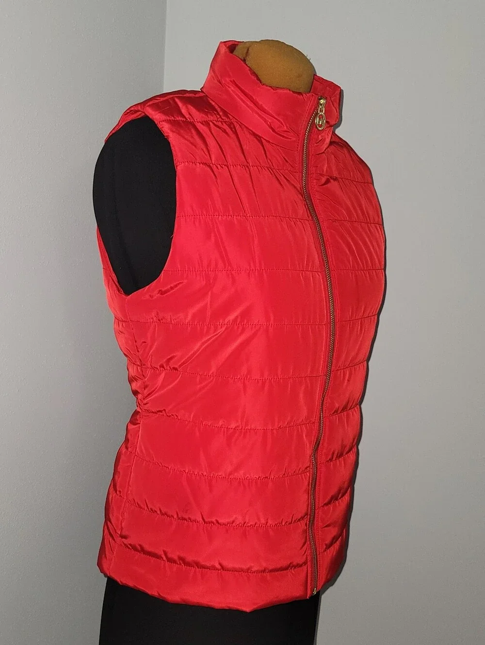 Michael Kors Red Quilted Puffer Vest with Gold Hardware and Side Seam Pockets